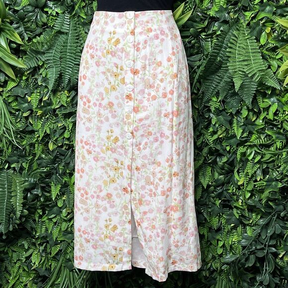 CHARLIE HOLIDAY Skirt Women 4 Cream Floral Print Midi Button‎ Accent 2488 - Picture 7 of 9